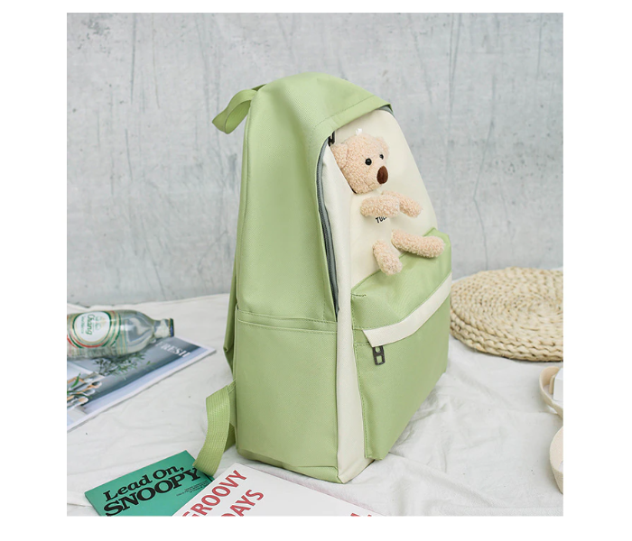 4 Pieces Fashion Cute Bear Canvas Shoulder School Bag for Teenage Girls - Green - Zoom Image 2