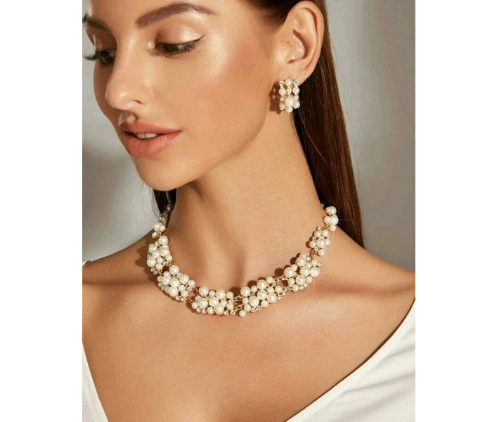 3 Piece Stylish Faux Pearl and Rhinestone Decor Necklace and a Pair of Earrings Set for Women - White - Zoom Image