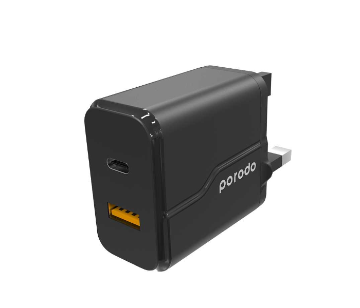 Porodo PD-18PDUK-BK Dual Port USB-C Fast Charging Adapter Wall Charger with Built-in Protective Mechanism and Fire Retardant - Black - Zoom Image 2