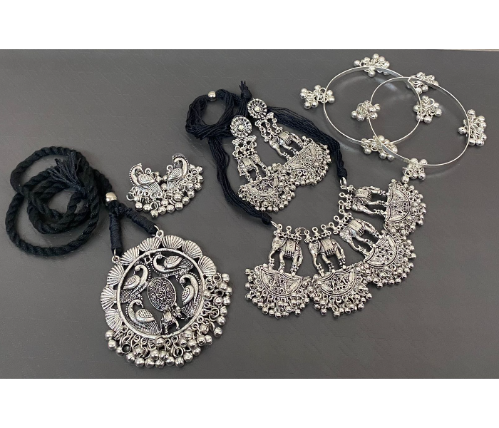 Fashionfies F025 Oxidised Silver 2 Choker Sets With Matching Earrings And Gunghroo Bangles -Silver - Zoom Image