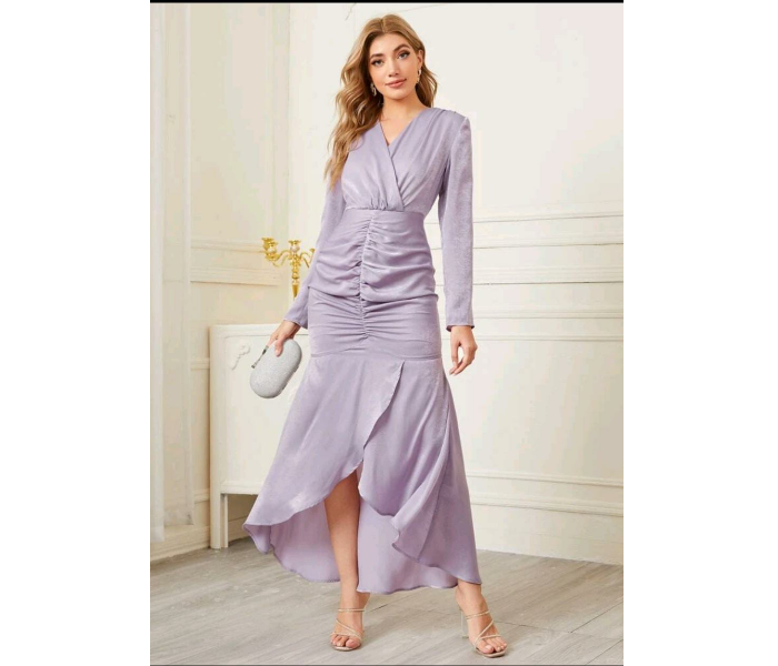 Surplice Neck Ruched Detailed Asymmetrical Hem Stylish Medium Dress for Women - Violet  - Zoom Image 3