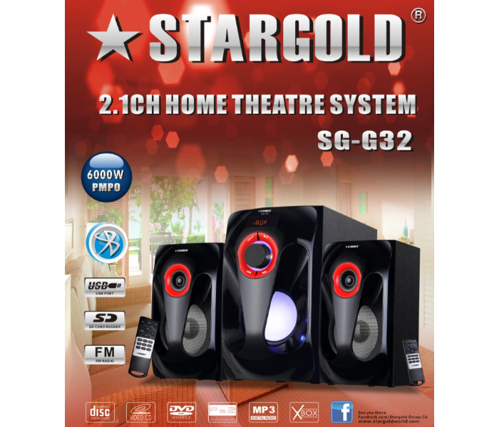 Stargold SG-G32 2.1CH Home Theatre System with SD Card Reader and FM Radio -Black and Red - Zoom Image