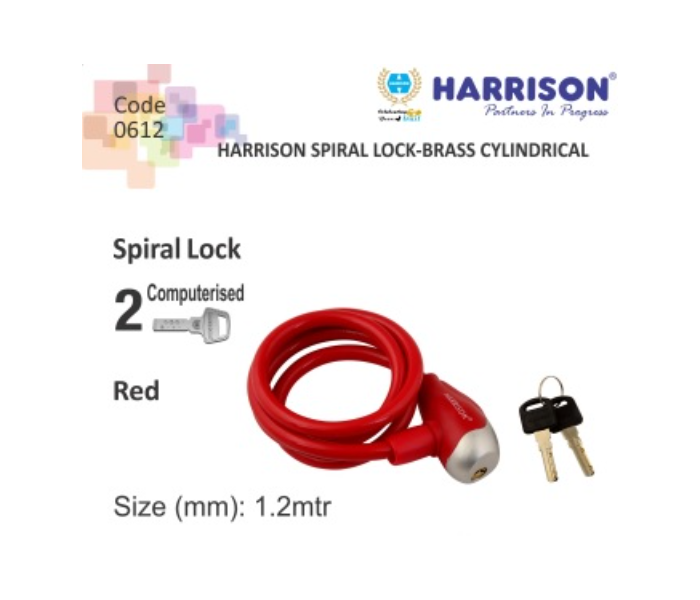 Harrison Set of 2 Spiral Cylce Lock-Brass Cylindrical with 2 Computerised Key - Black and Red - Zoom Image 1