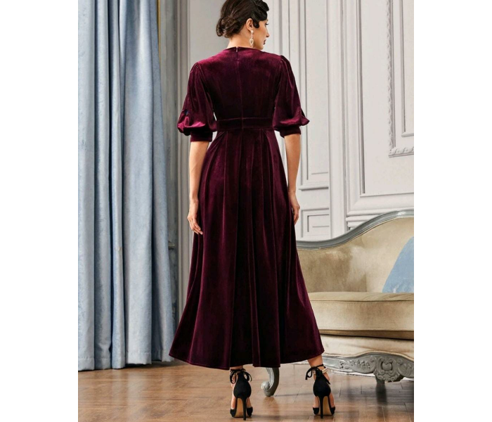 Sweetheart Neck Floral Embroidered with Lantern Sleeve Velvet Large Dress for Women - Maroon - Zoom Image 2