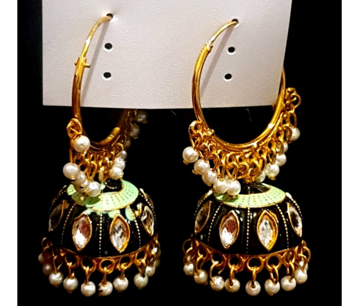 Strabella ER1-05b Beautiful Oxidised Stone studded Jhumka Earring with Beads for Women - Green and Gold - Zoom Image