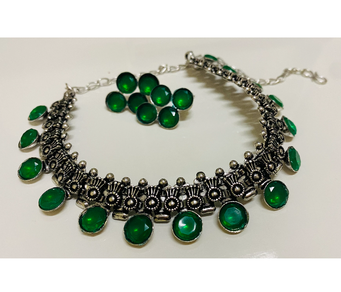 Fashionfies F026 Green Stone Studded Oxidised Silver Choker Set With Matching Earrings -Silver - Zoom Image