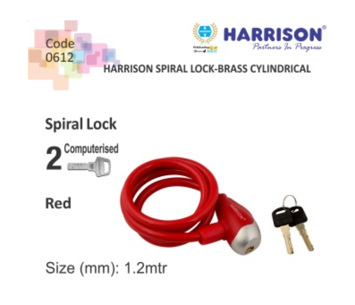 Harrison Spiral Cycle Lock Brass Cylindrical with 2 Computerised Key - Red - Zoom Image