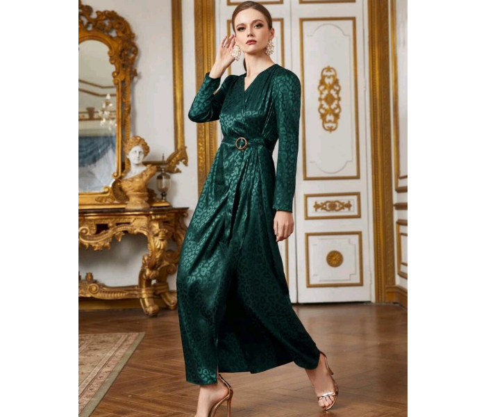 Surplice Wrap O-Ring Belted Leopard Jacquard Satin Fashionable Medium Dress for Women - Green - Zoom Image 1