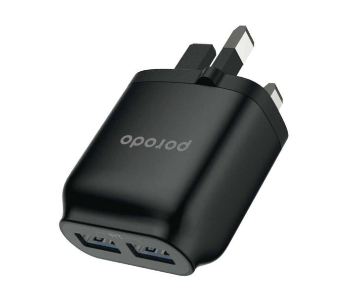 Porodo PD-0203U-BK 2.4A UK 3 Pin Plug Dual USB Wall Charger with Over Heat Protection and Fire Protection - Black - Zoom Image 1