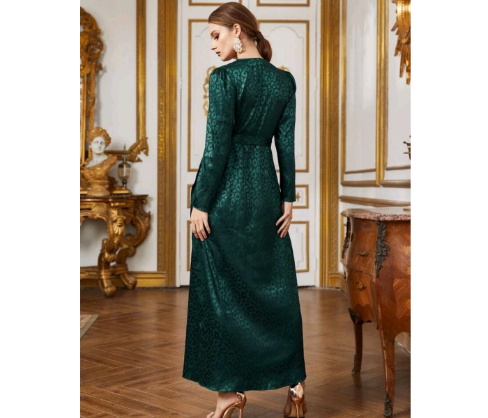 Surplice Wrap O-Ring Belted Leopard Jacquard Satin Fashionable Small Dress for Women - Green - Zoom Image 3