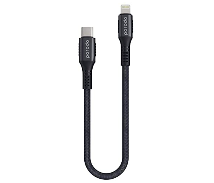 Porodo PD-025PDCL-BK 0.25 Meter 3A Braided Aluminum Type-C to Lightning PD Fast Charging Cord- Black - Zoom Image