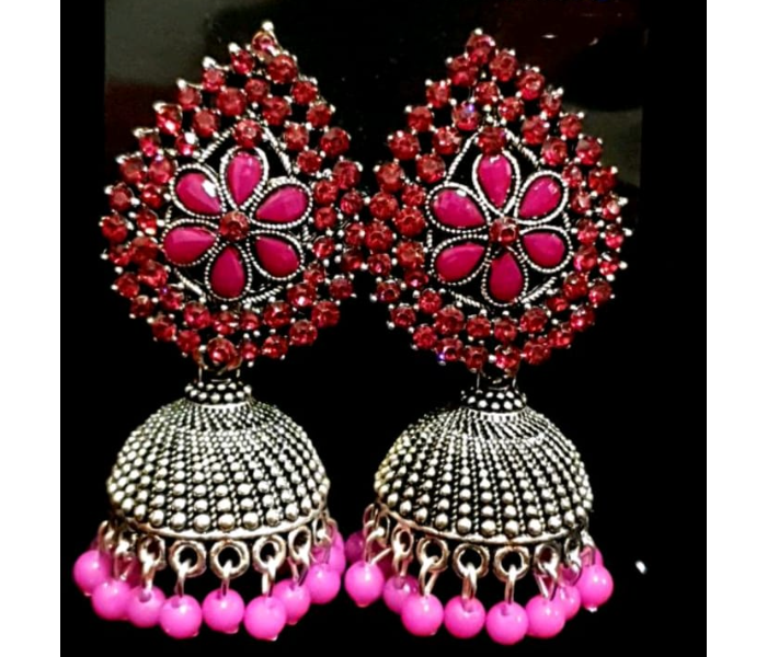 Strabella ER1-01 Beautiful Oxidised Stone studded Jhumka Earring for Women - Pink and Silver - Zoom Image