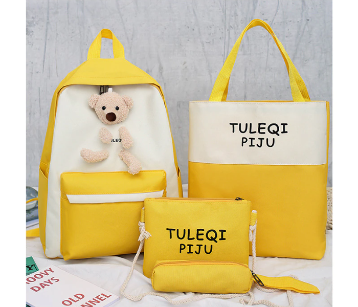 4 Pieces Fashion Cute Bear Canvas Shoulder School Bag for Teenage Girls - Yellow - Zoom Image 1