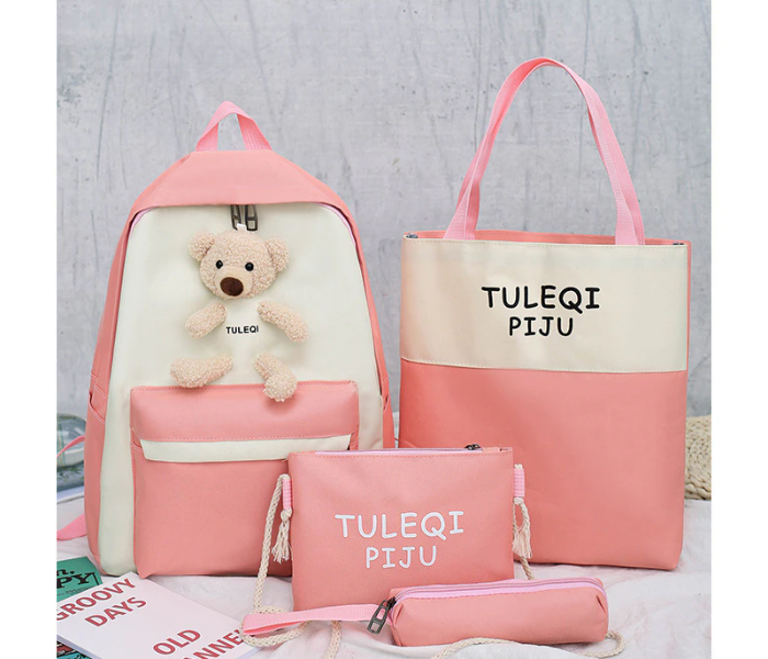 4 Pieces Fashion Cute Bear Canvas Shoulder School Bag for Teenage Girls - Pink - Zoom Image 1