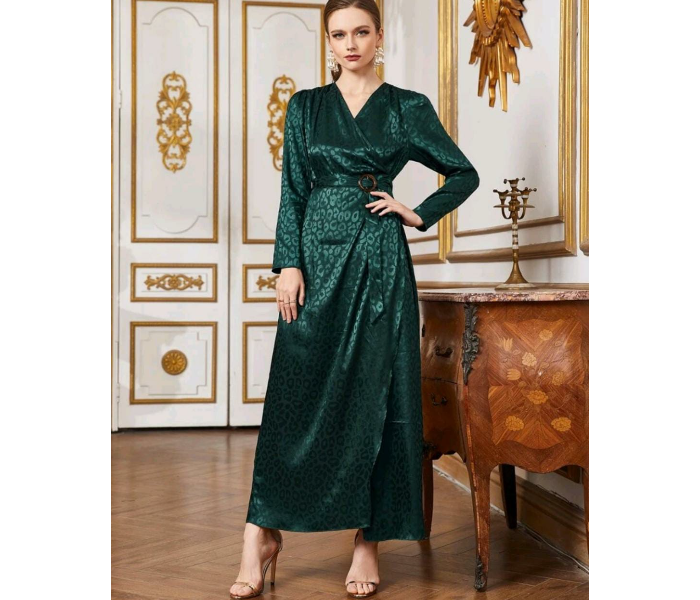 Surplice Wrap O-Ring Belted Leopard Jacquard Satin Fashionable Large Dress for Women - Green - Zoom Image 4