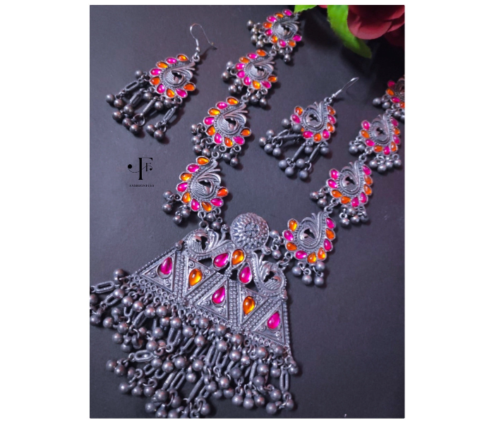 Fashionfies F030 Premium Quality Oxidised Silver Black Finish Neckpiece With Earrings - Silver - Zoom Image