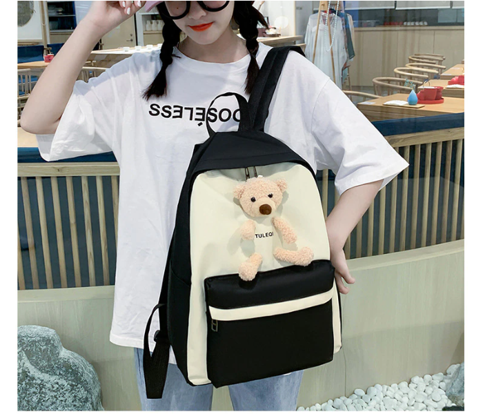 4 Pieces Fashion Cute Bear Canvas Shoulder School Bag for Teenage Girls - Black - Zoom Image 3