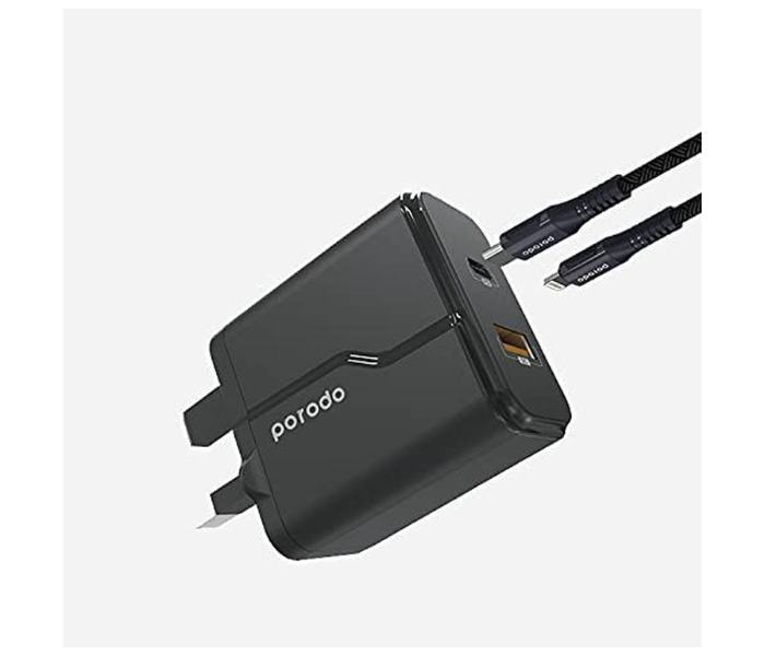 Porodo PD-18PDUKL-BK Dual Port USB Wall Charger with Braided Type-C to Lightning PD Cable - Black - Zoom Image 1