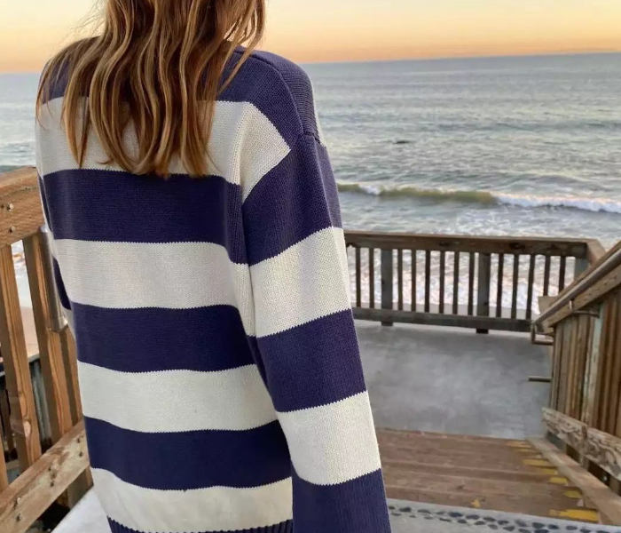 4040 Womens Stripped Long Sleeve Hoodie - Blue - Zoom Image 4