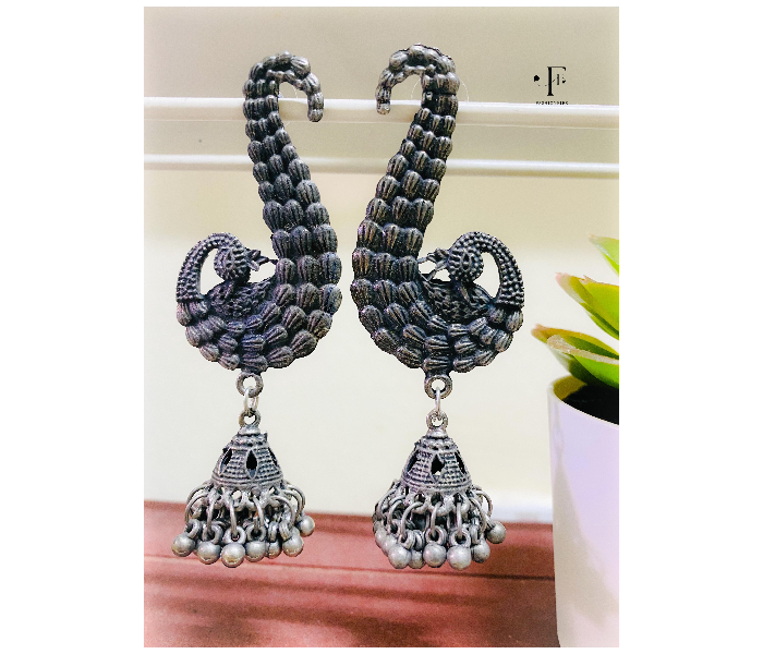 Fashionfies F015 Black Finish Long Peacock Stud Hanging Jhumka -Silver - Zoom Image