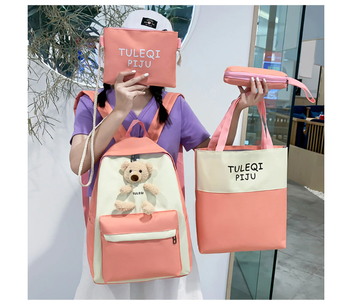 4 Pieces Fashion Cute Bear Canvas Shoulder School Bag for Teenage Girls - Pink - Zoom Image 2