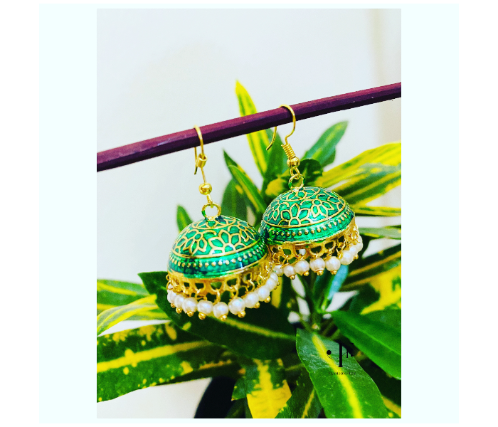 Fashionfies F036 Oxidised Silver Coated Hook Dropping Jhumkas with Pearl Work - Gold - Zoom Image