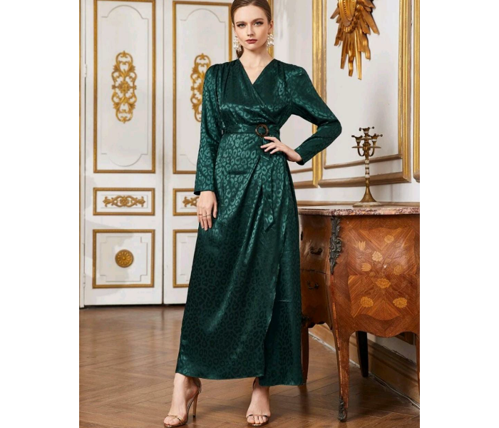 Surplice Wrap O-Ring Belted Leopard Jacquard Satin Fashionable Small Dress for Women - Green - Zoom Image 4