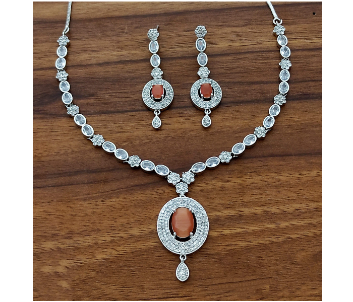 Strabella NC2-04 Silver Polished Premium Quality Stones Necklace and Earring Set for Women - Silver - Zoom Image