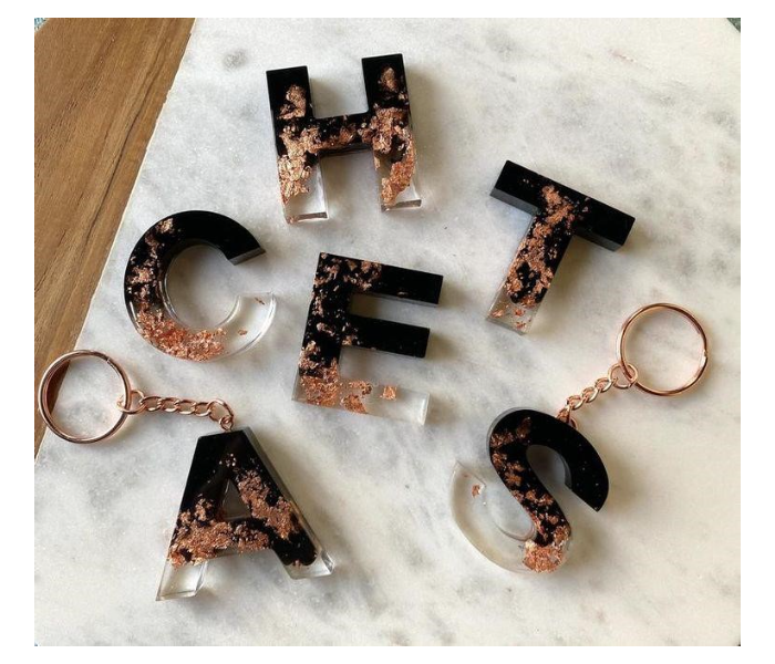 Resin 802 Personalised Keychains With Rose Gold Flakes Combo - Black and Gold - Zoom Image