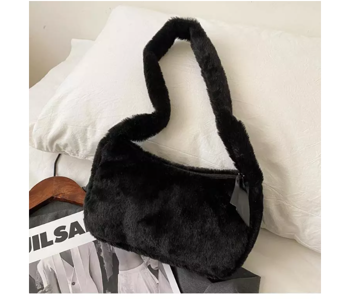 Women Soft Plush Hobos Furry Clutch Purse Fashion Shoulder Baguette Underarm Bag - Black - Zoom Image 2