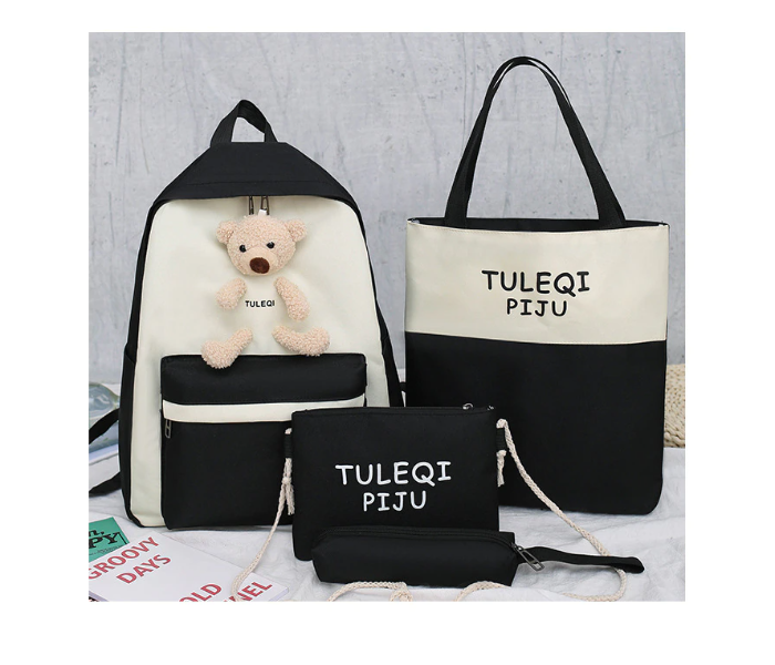 4 Pieces Fashion Cute Bear Canvas Shoulder School Bag for Teenage Girls - Black - Zoom Image 1