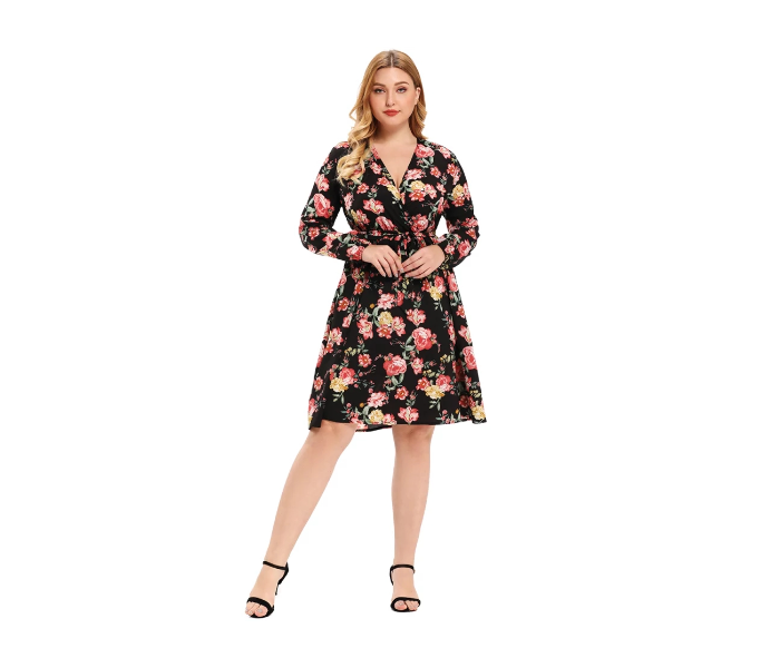 Roken Evan Plus XL Size V Neck Polyester Long Sleeve Flower Print Ethnic Dress - Black - Zoom Image 1