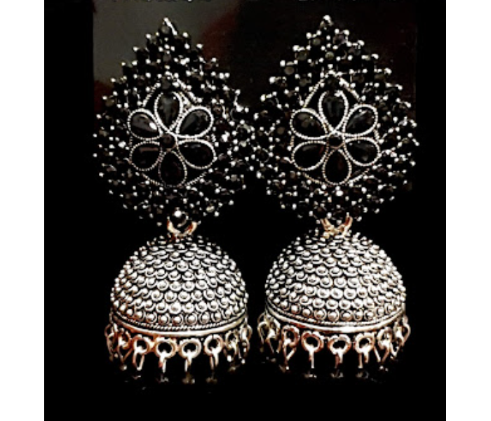 Strabella ER1-03 Beautiful Oxidised Stone studded Jhumka Earring for Women - Black and Silver - Zoom Image