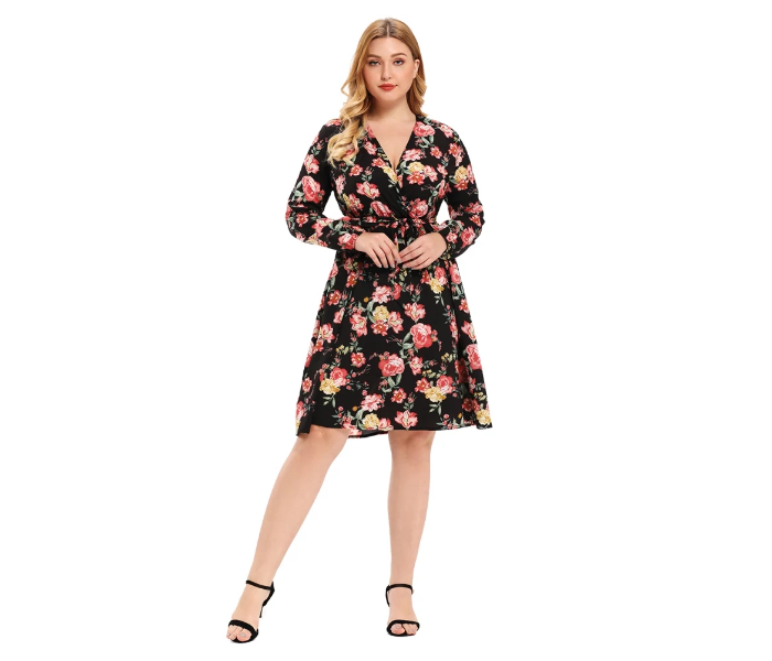 Roken Evan Plus 2XL SizeV Neck Polyester Long Sleeve Flower Print Ethnic Dress - Black - Zoom Image 1