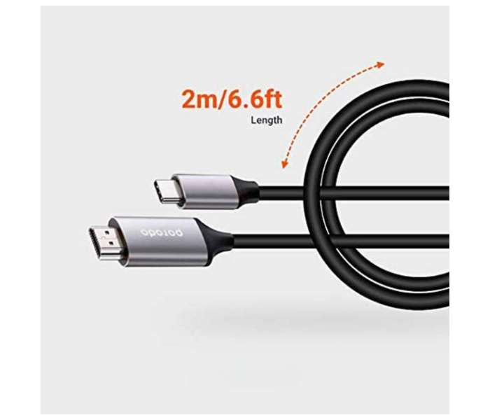 Porodo PD-4KCHD2-GY 2 Meter Type-C to 4K High Definition HDMI Connector Cable with Premium Aluminum Shell Finish - Grey - Zoom Image 2