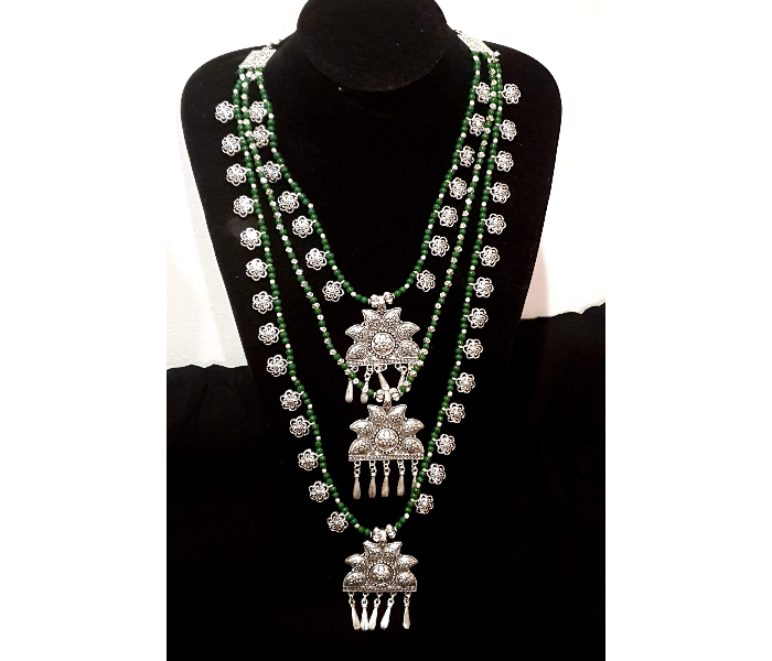 Strabella NC5-02 Multi Layered Necklace In German Silver for Women - Silver and Green - Zoom Image