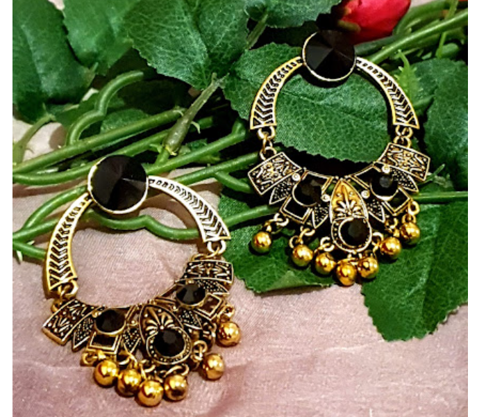 Strabella ER20-06 Beautiful Antique Stone Studded Dangle Earring for Women - Black and Gold - Zoom Image