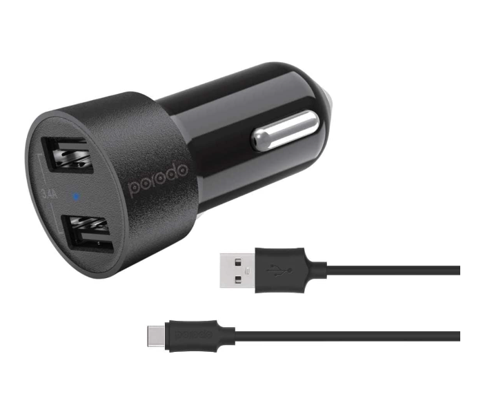 Porodo PD-M8J622T-BK 3.4A Universal Compatible Dual USB Car Charger with Type-C Cable - Black - Zoom Image