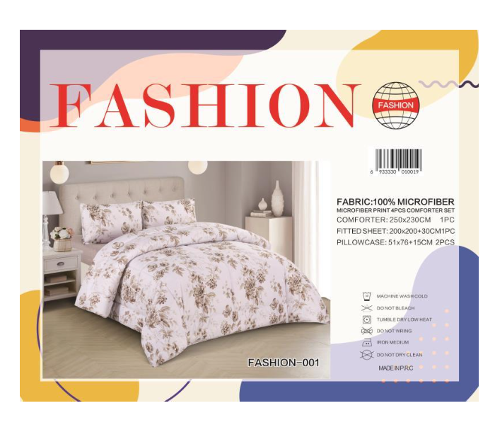 Fashion Microfiber Print 4 Piece Comforter Set 001 - White and Beige - Zoom Image