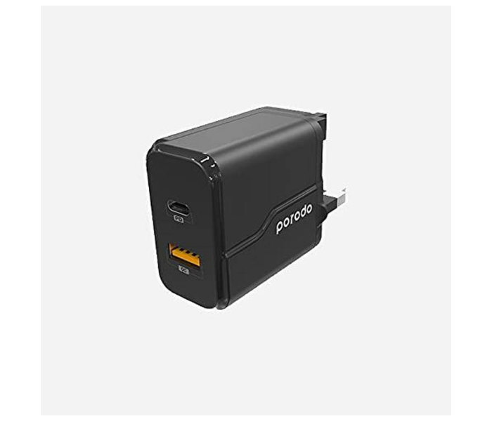 Porodo PD-18PDUKL-BK Dual Port USB Wall Charger with Braided Type-C to Lightning PD Cable - Black - Zoom Image 2