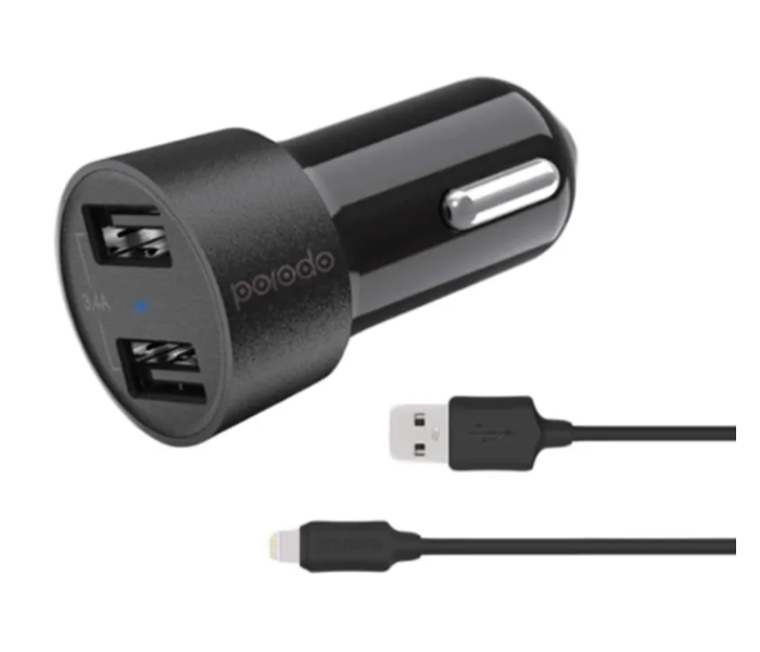 Porodo PD-M8J622L-BK 3.4A Universal Compatible Lightning Dual USB Car Charger Cable - Black - Zoom Image