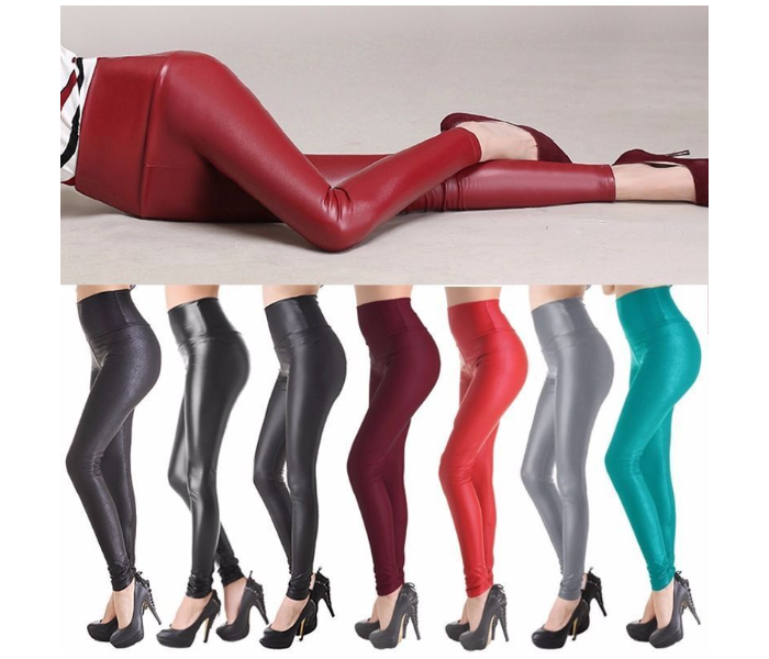 4 Pieces Free Size Fall Womens High Waist Faux Warmer Shiny Leather Leggings - Zoom Image 2