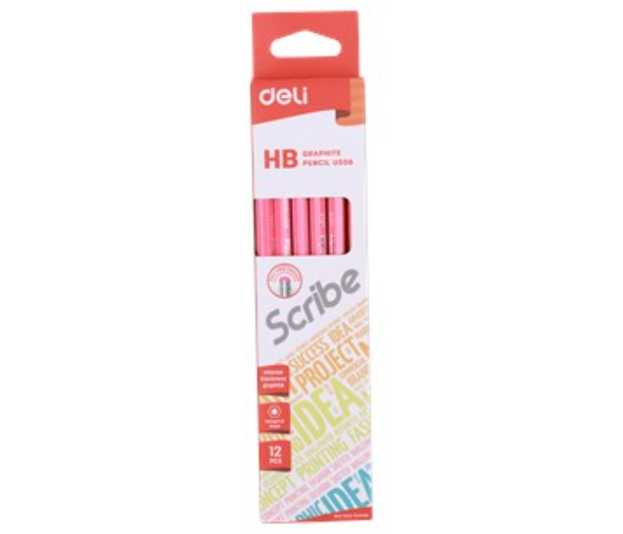 Deli U50800 12 Piece Graphite Pencil HB with Eraser - Pink - Zoom Image