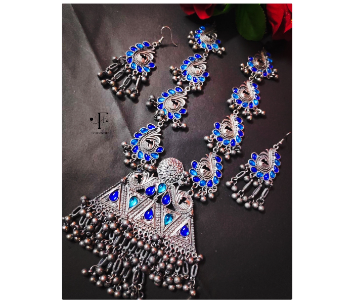 Fashionfies F031 Premium Quality Oxidized Silver Stone Studded Neckpiece With Earrings - Silver - Zoom Image