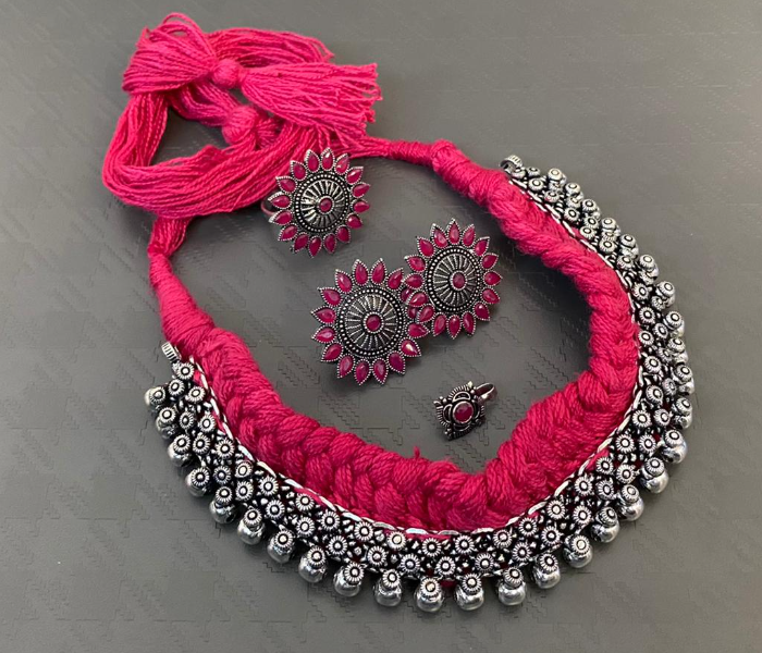 Fashionfies F022 Oxidized Silver Thread Work Choker and Matching Jhumkas With Ring and Nose Pin -Pink - Zoom Image