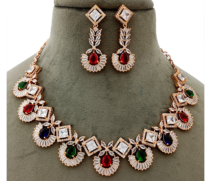 Strabella NC2-03 High Quality Ad Stone Necklace and Earring Set for Women - Rose Gold - Zoom Image