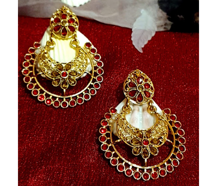 Strabella ER20-04a Beautiful Antique Stone Studded Dangle Earring for Women - Red and Gold - Zoom Image