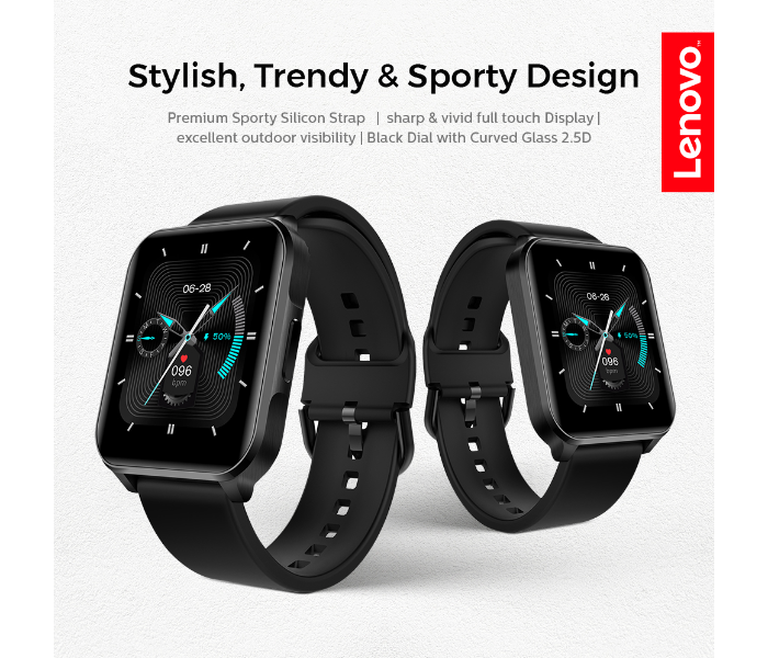 Lenovo S2 Pro With Arabic Support Rectangular Designed Dial Protected By 2.5d Curved Glass Smartwatch -Black - Zoom Image 1