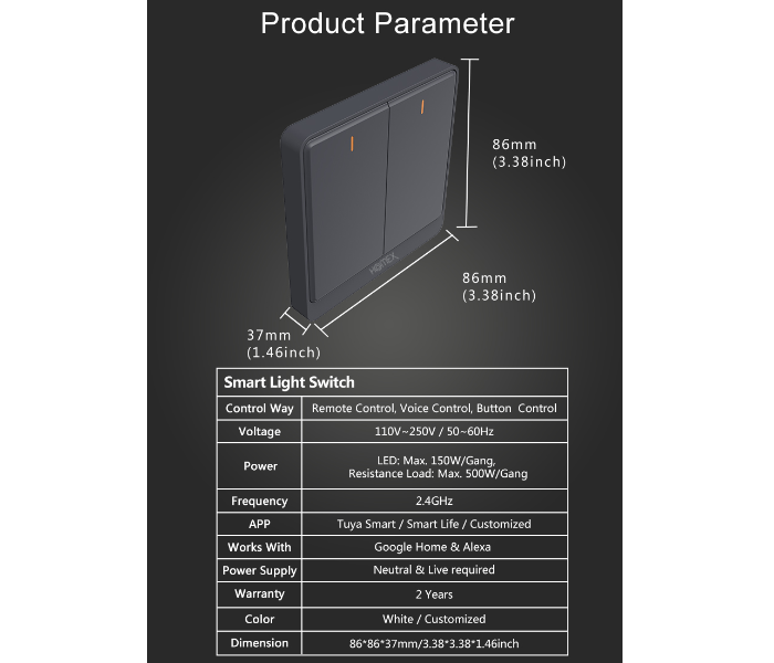 Homex HM015 Smart Wifi Gang 2 Switches - Black - Zoom Image 6