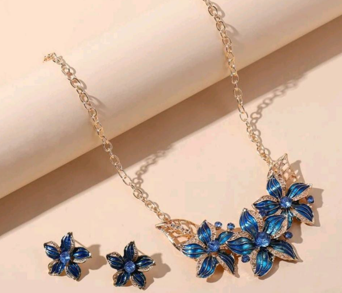 1 Piece Beautiful Flower Decor Stone Designed Necklace and 1 Pair of Matching Earrings - Blue - Zoom Image 2